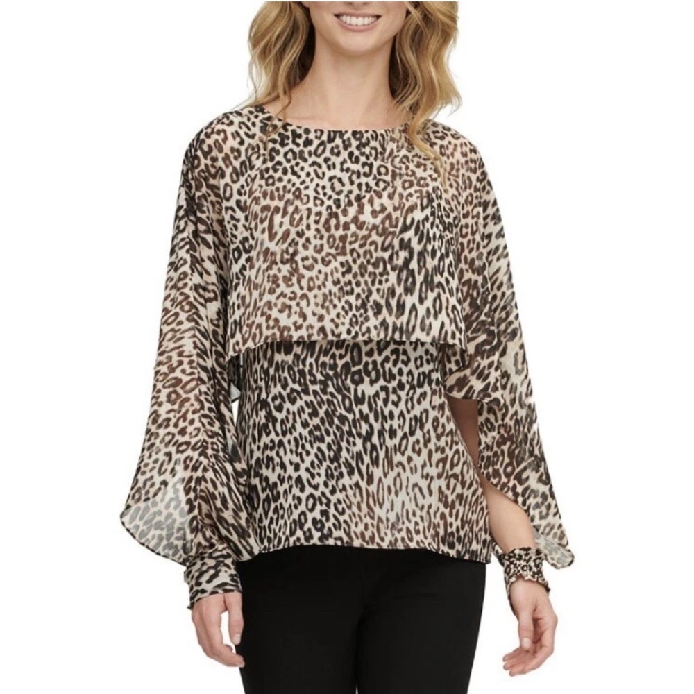DKNY leopard print caped smocked cuff sheer office siren top NWT S mobwife